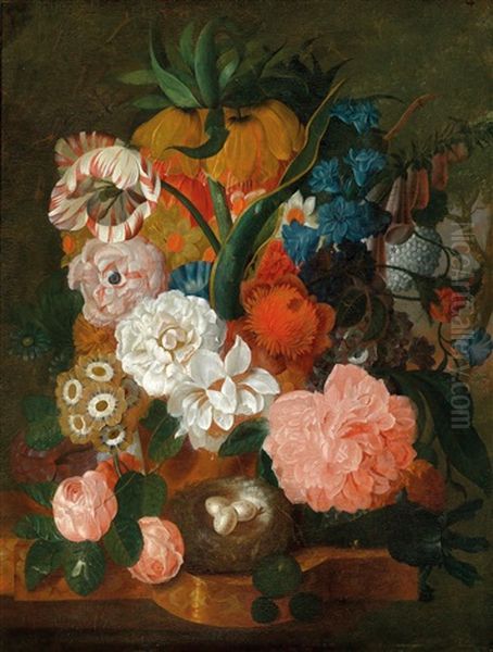 Blumen- Und Fruchtestillleben Mit Einem Vogelnest Oil Painting by Jan Van Huysum