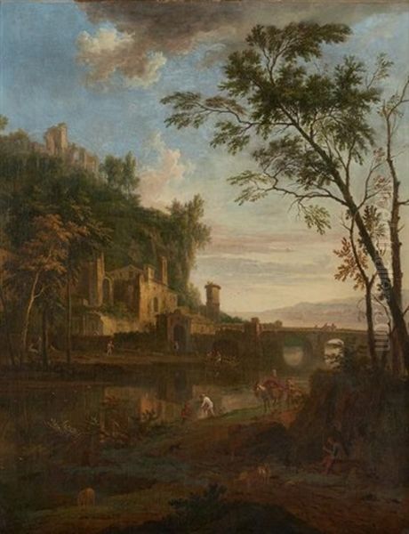 Village Fortifie Au Pied D'une Falaise Oil Painting by Jan Van Huysum