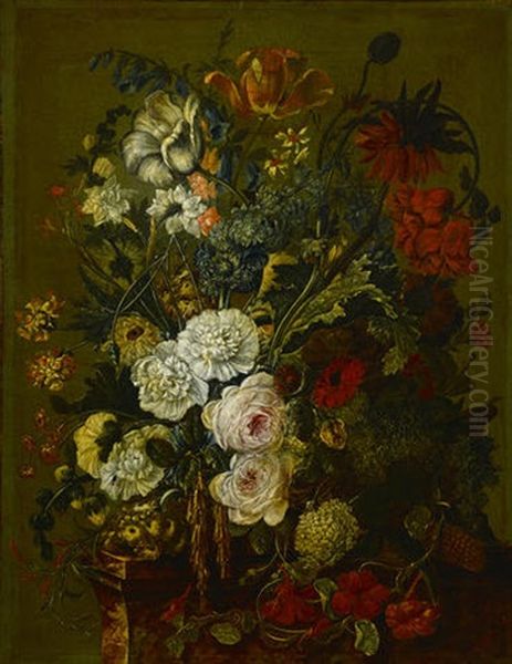 A Still Life With Roses, Tulips And Other Flowers On A Ledge Oil Painting by Jan Van Huysum