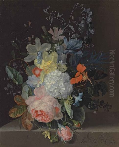 A Rose, A Snowball, Daffodils, Irises And Other Flowers In A Glass Vase, On A Stone Ledge Oil Painting by Jan Van Huysum