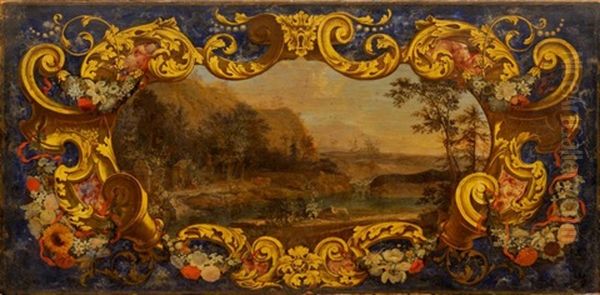 Paysage Lacustre Entoure D'un Cartouche Feuillage Dore Sur Fond De Marbre Et De Lapis Lazuli Simule Et De Guirlandes De Fleurs Oil Painting by Jan Van Huysum