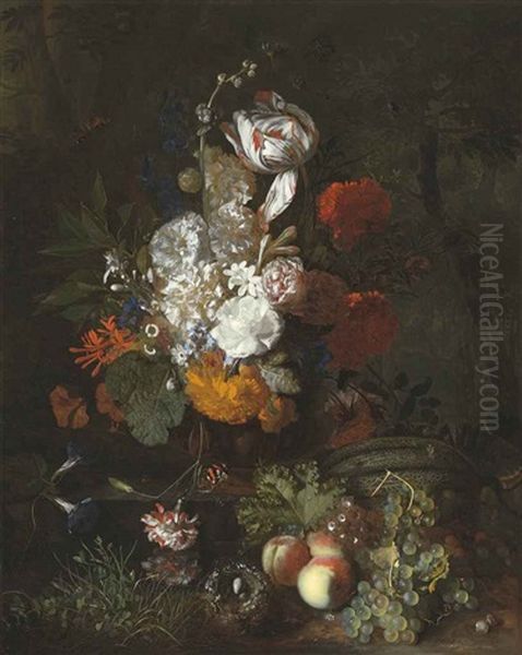 A Still Life With Flowers And Fruits With A Bird's Nest And Eggs Oil Painting by Jan Van Huysum