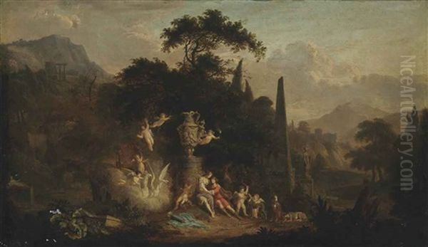 A Wooded River Landscape With Venus And Adonis Beside A Sculpted Urn With Putti by Jan Van Huysum