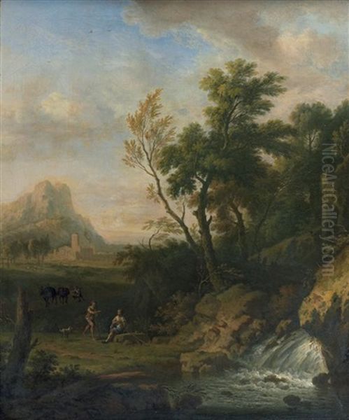 Pecheurs Se Reposant Au Bord D'une Cascade Oil Painting by Jan Van Huysum