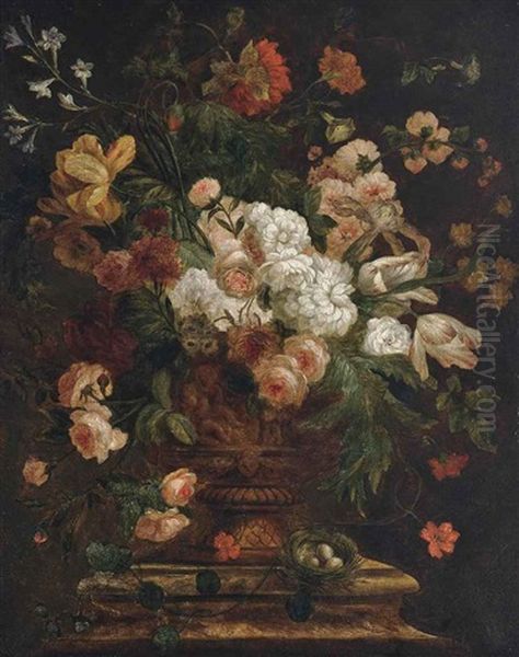 Roses, Parrot Tulips And Other Flowers In A Gilt Urn On A Plinth, With A Bird's Nest Oil Painting by Jan Van Huysum