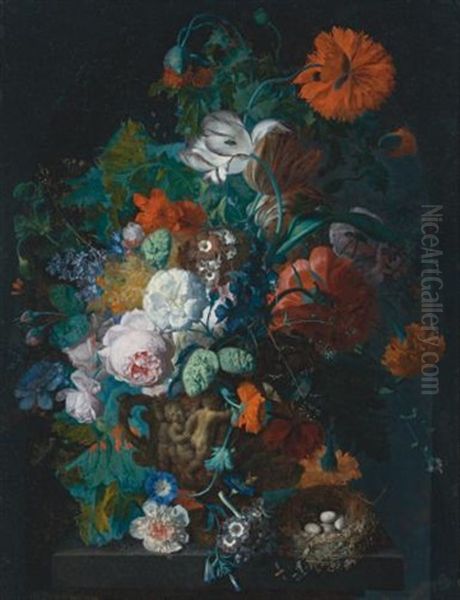 Still Life Of Roses, Tulips, Peonies And Other Flowers In A Sculpted Stone Vase, Together With A Bird's Nest On A Stone Pedestal Before A Niche Oil Painting by Jan Van Huysum