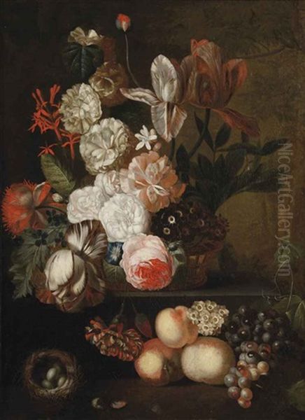 Roses, Tulips, Violets And Other Flowers In A Wicker Basket On A Stone Ledge With Grapes, Peaches And A Nest With Eggs In A Park Landscape Oil Painting by Jan Van Huysum