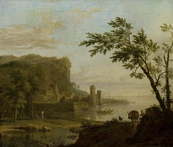 A Coastal Landscape With A Traveler And His Horse On A Path, A Walled Port In The Distance Oil Painting by Jan Van Huysum