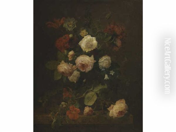 Bouquet Aux Roses, Aux Oeillets Et Aux Campanules Sur Un Entablement Oil Painting by Jan Van Huysum