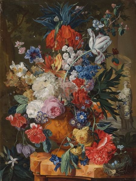 Grosses Blumenbouquet In Reliefierter Tonvase Oil Painting by Jan Van Huysum