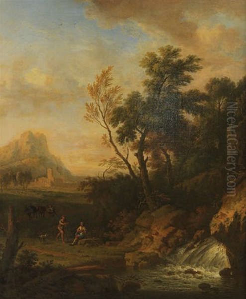 Paysage Mediterraneen Anime De Voyageurs Pres D'une Cascade Oil Painting by Jan Van Huysum