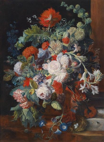 Blumenstillleben Mit Einem Vogelnest by Jan Van Huysum