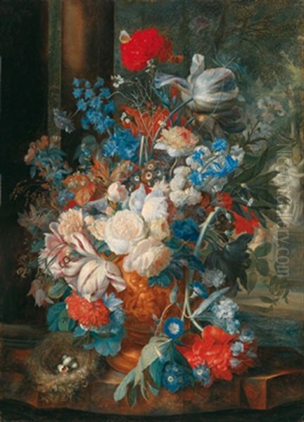 Prunkstilleben, Ein Blumenstraus In Einer Ornamental Verzierten Tonvase Oil Painting by Jan Van Huysum