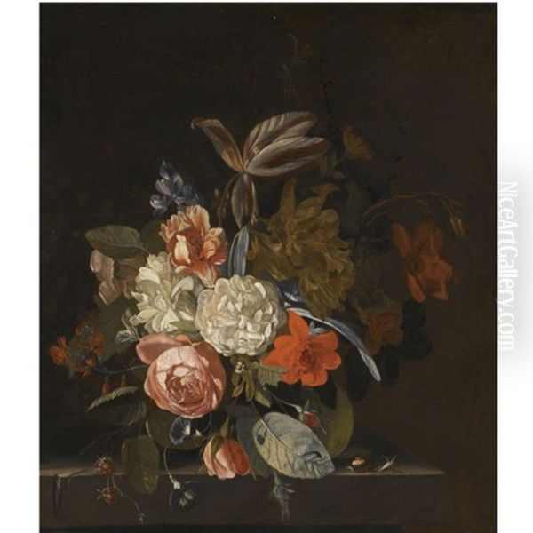 A Still Life Of Roses, Peonies, Morning Glory, A Parrot Tulip And Other Flowers, On A Stone Ledge, Together With A Snail Oil Painting by Jan Van Huysum