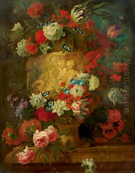 Blumenarrangement In Einer Skulptierten Steinvase Oil Painting by Jan Van Huysum