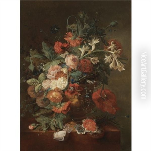 Still Life With Roses, Morning Glory, Orange Blossom And Various Other Flower Together In An Urn On A Stone Ledge Oil Painting by Jan Van Huysum