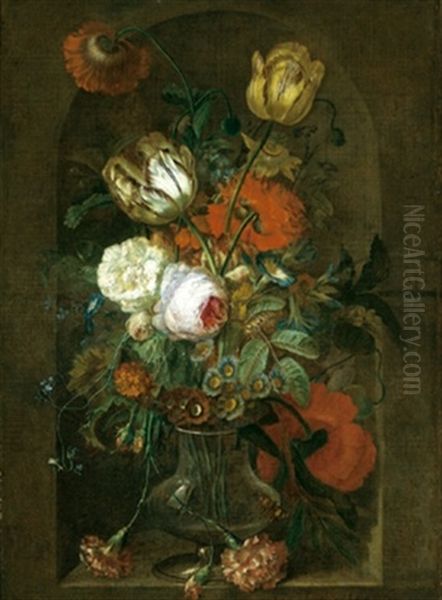 Rosen, Tulpen, Nelken, Pfingstrosen Und Andere Bluten In Einer Glasernen Vase Oil Painting by Jan Van Huysum