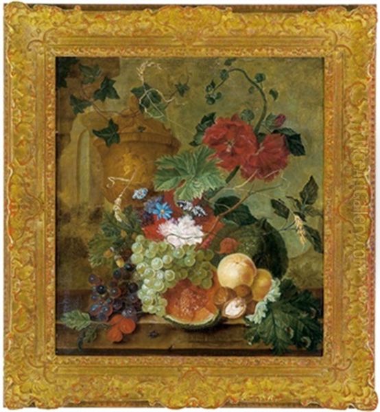 Stillleben Mit Weintrauben, Melonen, Nussen Und Blumen Vor Einer Tonvase Oil Painting by Jan Van Huysum