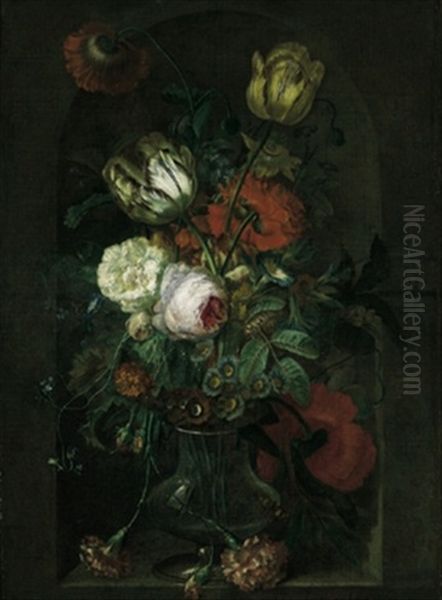 Rosen,tulpen, Nelken, Pfingstrosen Und Andere Bluten In Einer Glasernen Vase Oil Painting by Jan Van Huysum