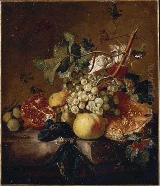 Still Life Of Grapes, Peaches, Plums And Greengages, An Open Melon And An Open Pomegranate On A Stone Table Oil Painting by Jan Van Huysum