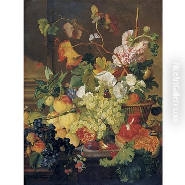 Still Life Of Grapes, Peaches, A Melon And Other Fruit, With Peonies In A Basket, All On A Stone Ledge Oil Painting by Jan Van Huysum