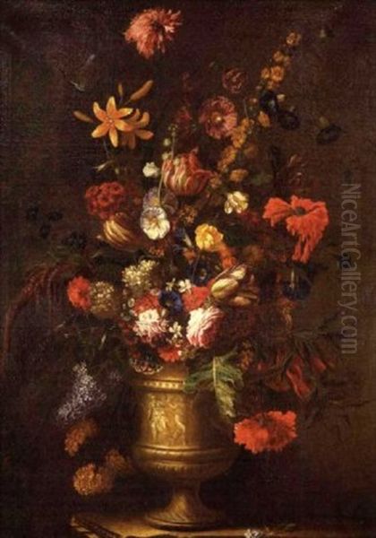 Nature Morte Au Vase De Fleurs Sur Un Entablement Oil Painting by Jan Van Huysum