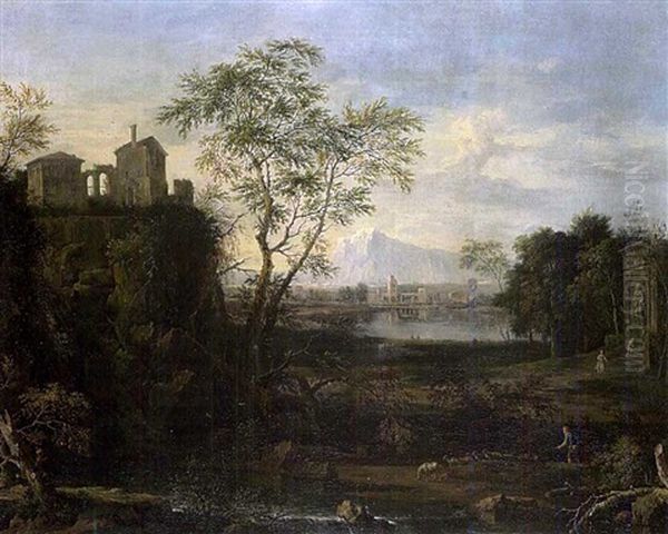 Ital. Landschaft, Links Auf Einem Hugel Hausruinen, Im Vordergrund Personenstaffage Oil Painting by Jan Van Huysum