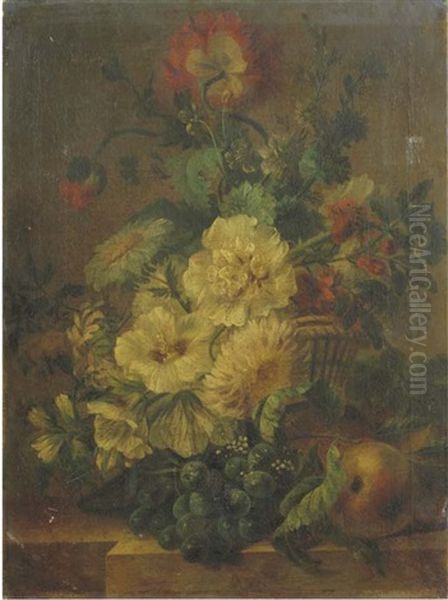 Carnations, Poppies, Roses And Other Flowers In A Basket With Black Grapes And Peaches On A Ledge Oil Painting by Jan Van Huysum