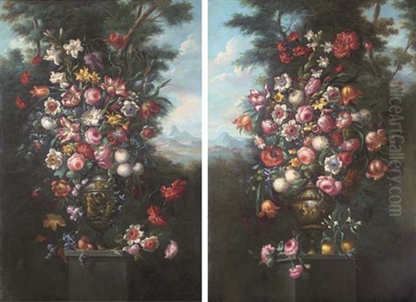 Still Life Of Flowers In A Landscape (+ Another Similar; Pair) Oil Painting by Jan Van Huysum