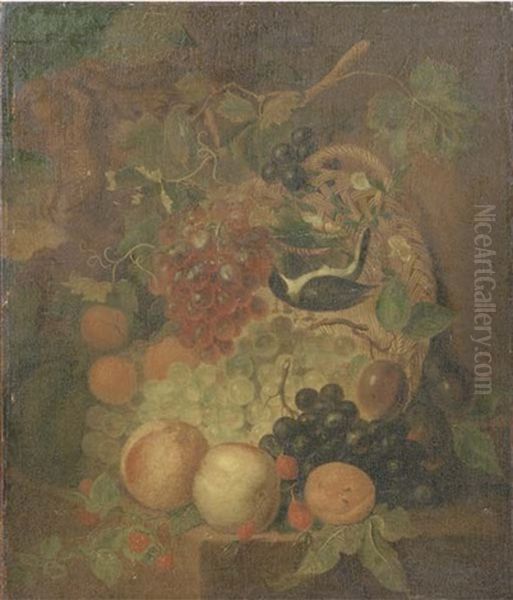 A Wicker Basket With Grapes, Peaches, Apricots, Plums And Raspberries On A Stone Ledge, A Bird Nearby With A Classical Sculpture Beyond Oil Painting by Jan Van Huysum