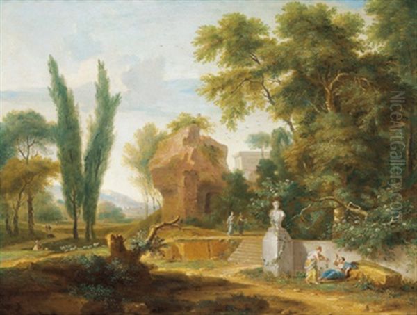 Romantische Landschaft Mit Ruinen, Einer Steinernen Buste Und Jungen Frauen Oil Painting by Jan Van Huysum