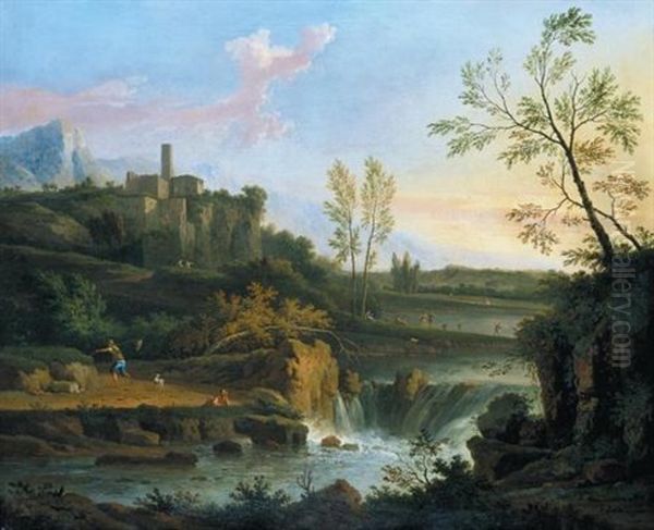 An Extensive Classical River Landscape With A Waterfall And A Fisherman With A Dog On A Path, A Hill-top Town Beyond Oil Painting by Jan Van Huysum