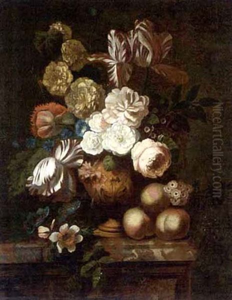 A Still Life With Flowers, Peaches And Grapes Upon A Marble Pedestal Oil Painting by Jan Van Huysum