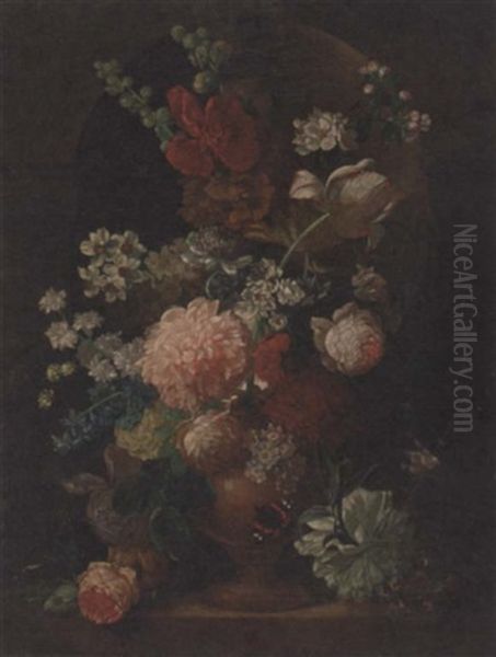 A Parrot Tulip, Roses, Morning Glory And Other Flowers In An Urn In A Niche, With A Butterfly by Jan Van Huysum