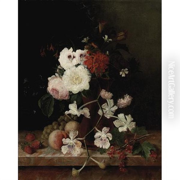 A Still Life With Flowers In An Earthenware Vase With Strawberries And Red Currants On A Ledge Oil Painting by Jan Van Huysum