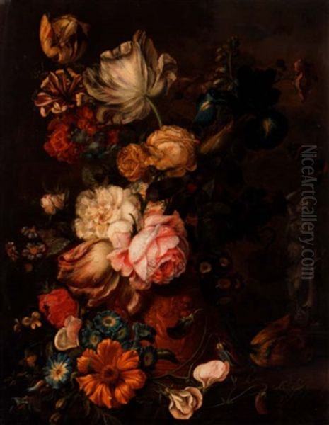 A Still Life With Roses, Irises, Tulips, Primroses And Various Other Flowers In A Terracotta Urn On A Stone Ledge Oil Painting by Jan Van Huysum