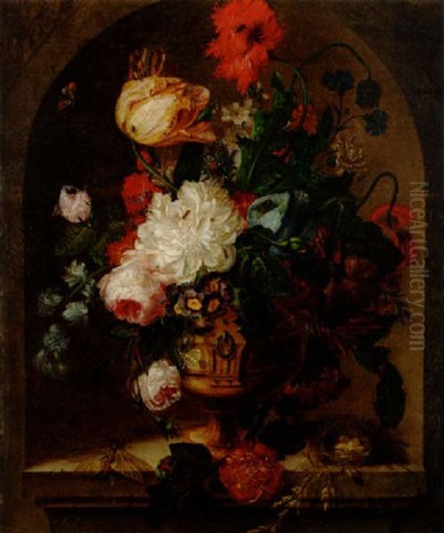 Stilleben Med Blommor I Urna Pa Sockel, Med Fagelbo Oil Painting by Jan Van Huysum