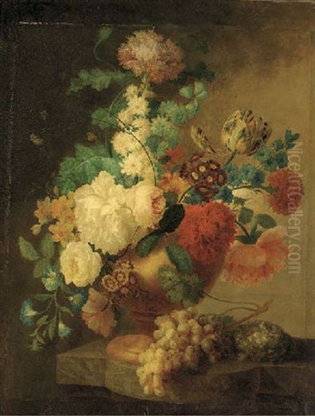 Tulips, Roses, Peonies And Other Mixed Flowers In An Urn With Grapes On A Marble Ledge Oil Painting by Jan Van Huysum