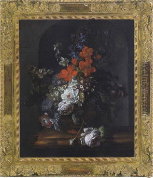 Ein Blumenstraus In Einer Ornamental Verzierten Tonvase Oil Painting by Jan Van Huysum