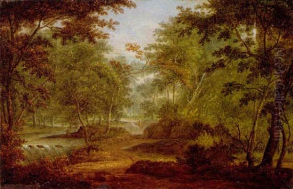 A Wooded River Landscape With A Figure On A Path Oil Painting by Jan Van Huysum