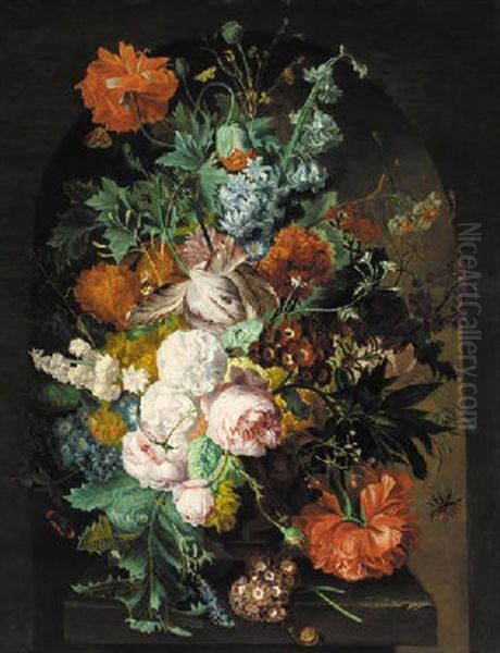 Parrot Tulips, Roses, Poppies, Carnations, Morning Glory, Chrysanthemums In An Urn On A Stone Ledge Oil Painting by Jan Van Huysum