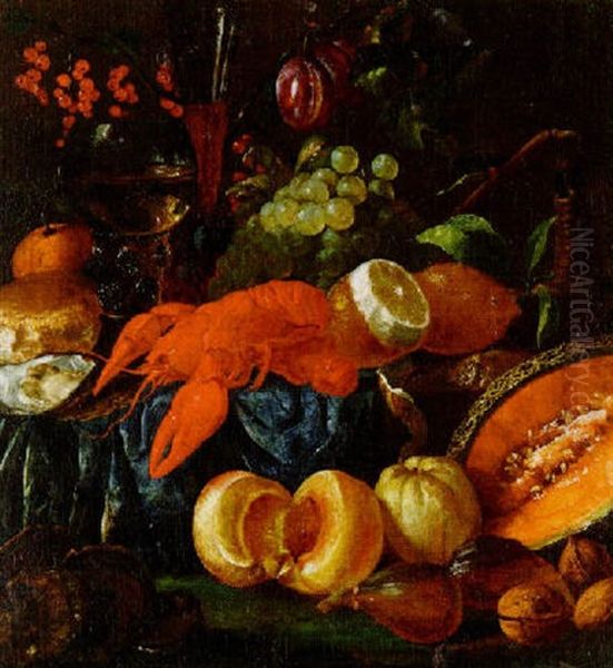 Variastilleben Mit Hummer, Austern, Fruchten Und Weinpokalen Oil Painting by Jan Van Huysum