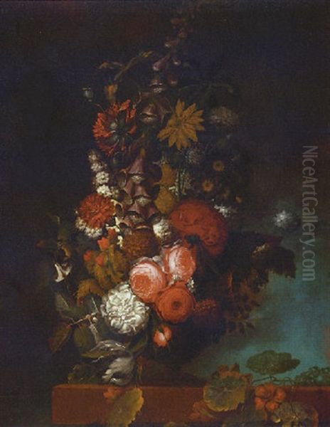 Roses, Chrysanthemums, Foxglove, Daisies, A Tulip And Other Flowers In An Urn On A Ledge Oil Painting by Jan Van Huysum