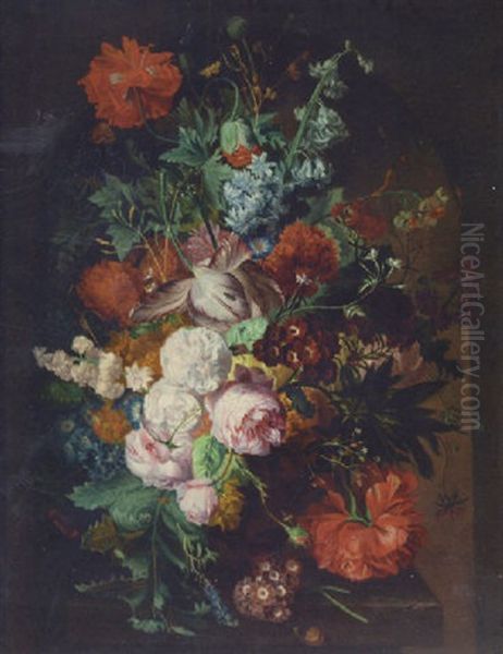 Parrot Tulips, Roses, Poppies, Carnations, Morning Glory, Chysanthemums In An Urn On A Stone Ledge, With A Snail, Butterflies And Other Insects Oil Painting by Jan Van Huysum