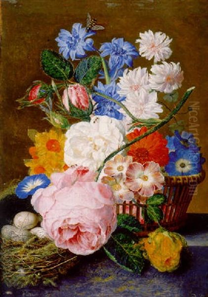 Roses, Morning Glory, Narcissi, Aster, And Other Flowers In A Basket, With Eggs In A Nest On A Marble Ledge Oil Painting by Jan Van Huysum