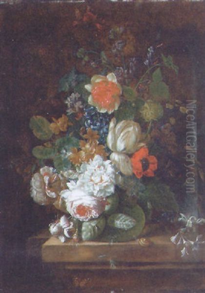 Roses, A Tulip, A Poppy And Other Flowers In A Glass Vase With A Snail And A Butterfly On A Stone Ledge In A Niche Oil Painting by Jan Van Huysum