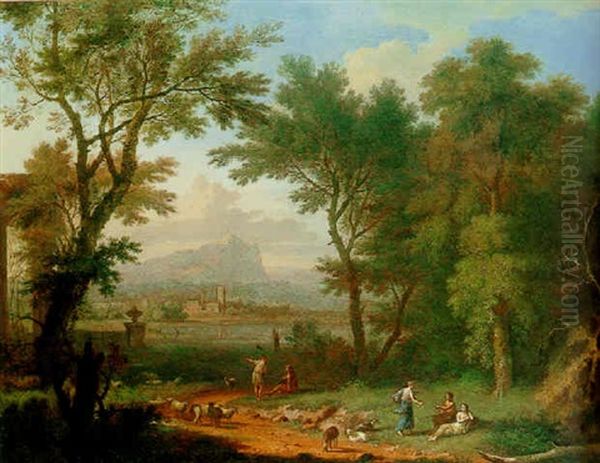 A Classical Landscape With Figures In The Foreground, A Town Beyond Oil Painting by Jan Van Huysum