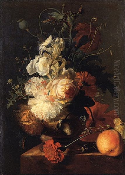 A Rose, An Iris, Carnations And Poppies In A Vase With A Peach And Grapes On A Marble Ledge Oil Painting by Jan Van Huysum