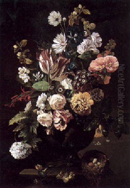 Still Life Of Various Flowers In A Sculpted Vase, With A Bird's Nest, All On A Ledge Oil Painting by Jan Van Huysum