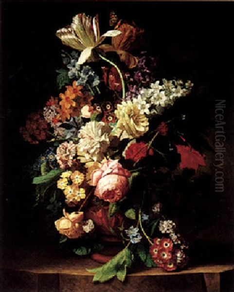 Still Life Of Variegated Tulips, Daffodils, Rose, Peonies, And Other Flowers In A Sculpted Terracotta Vase, All On A Stone Ledge Oil Painting by Jan Van Huysum